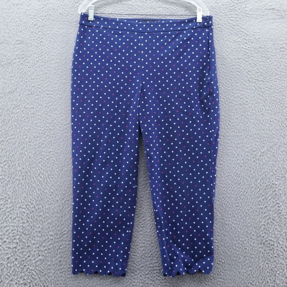 Talbots Chatham Crop Pants 12 Navy Blue Polka Dot Scalloped Hem Side Zip Stretch